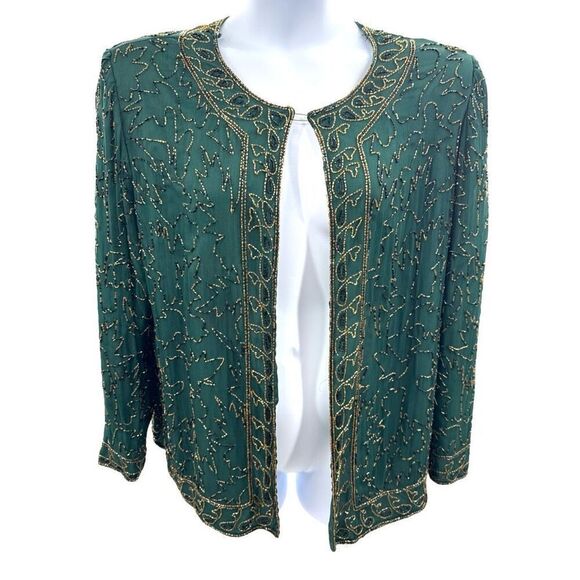 Vintage JMD New York Beaded Jacket Green Gold Black Open Front Top Size Large - Picture 12 of 12